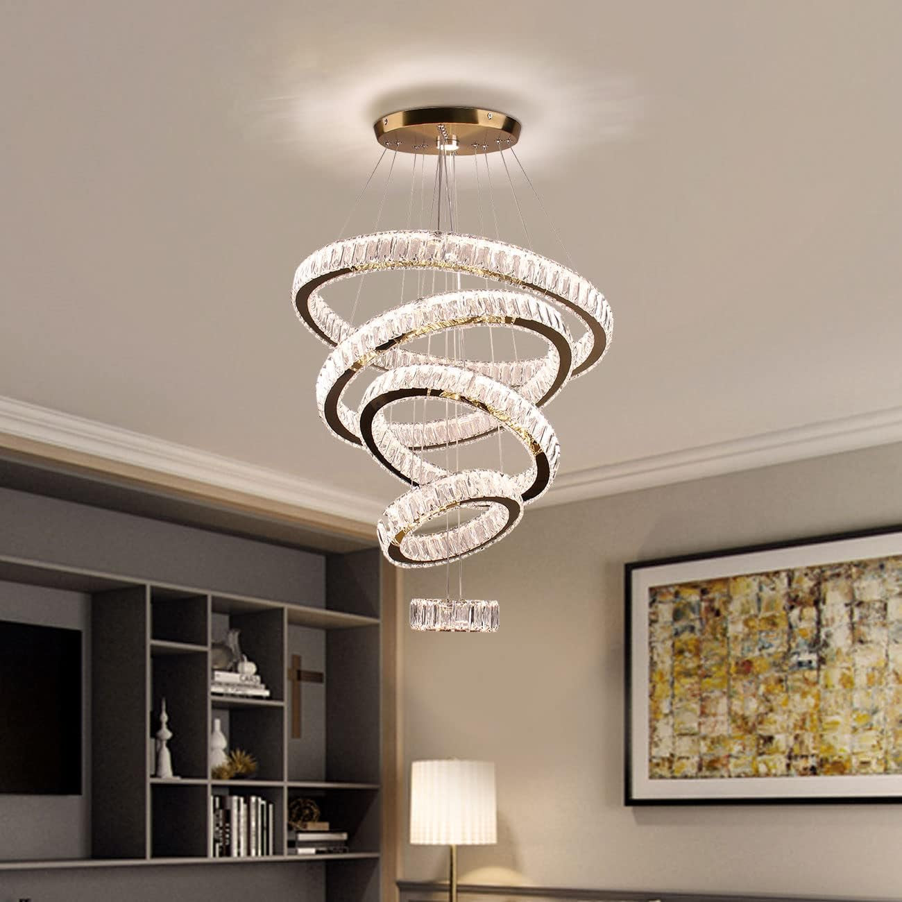 LED Big Crystal Chandeliers Modern 5 Rings Pendant Light Adjustable Ceiling Light for Bedroom Dinning Room Kitchen (Multicolor,Control by Switch)