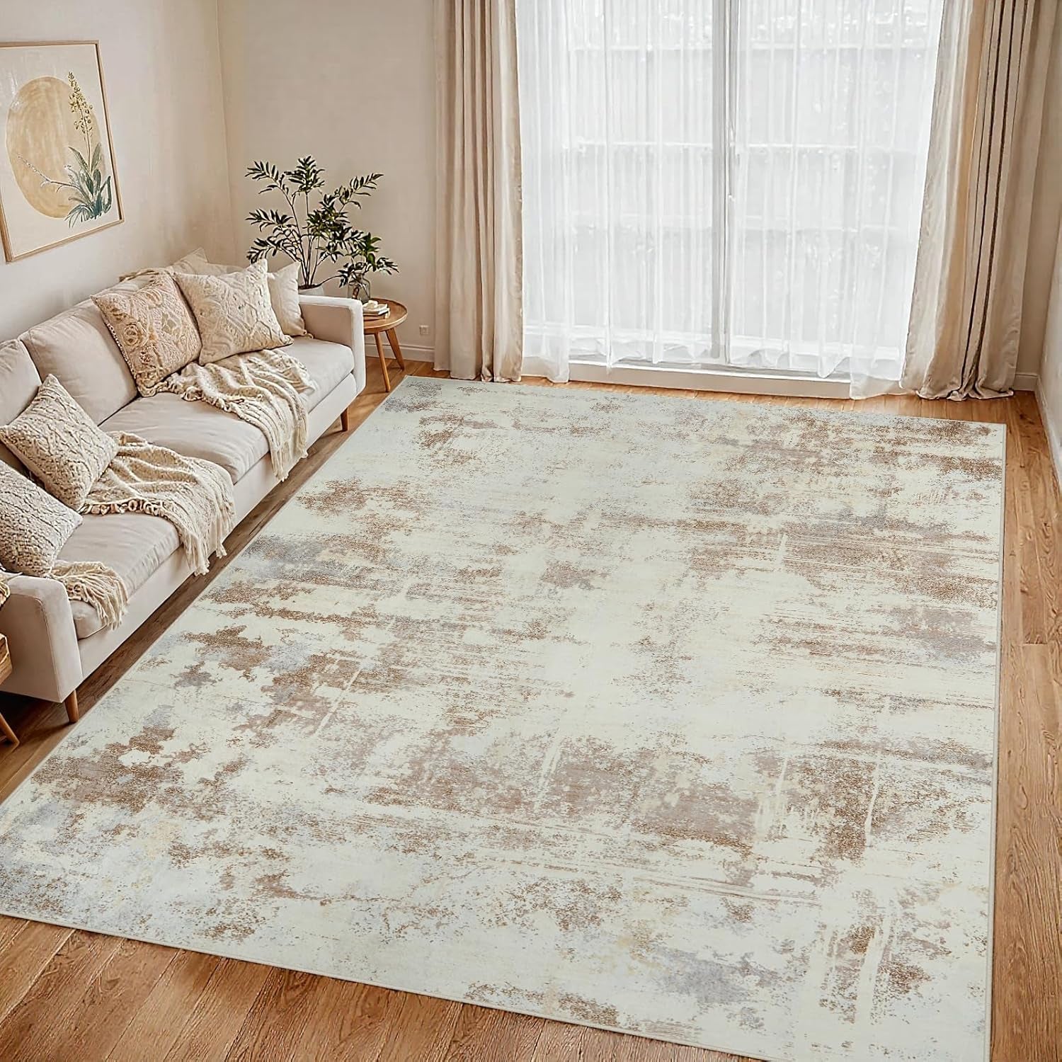 Area Rug Living Room Rugs: 5X7 Indoor Soft Fluffy Rug Abstract Carpet for Bedroom Kitchen Dining Room Floor Washable Plush Throw Large Accent Rug Home Office Nursery Decor - Beige