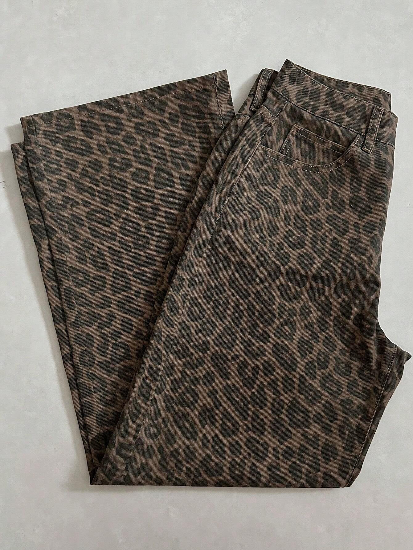 DAZY Women'S Leopard Print Loose Pocket Casual Versatile Denim Jeans Y2K