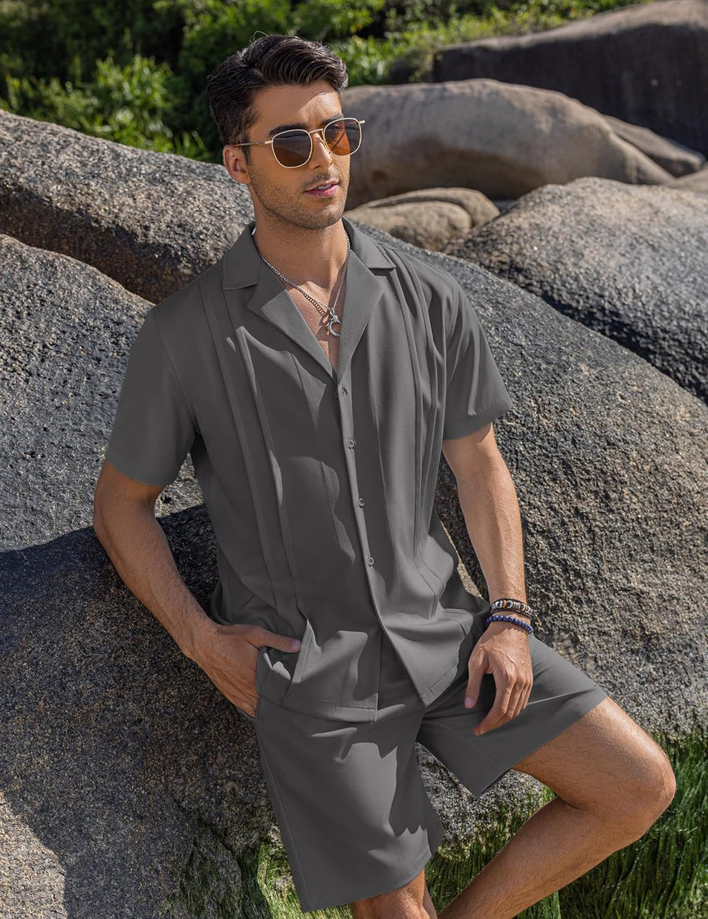 Mens 2 Piece Short Set Guayabera Button down Shirt Casual Summer Beach Outfits
