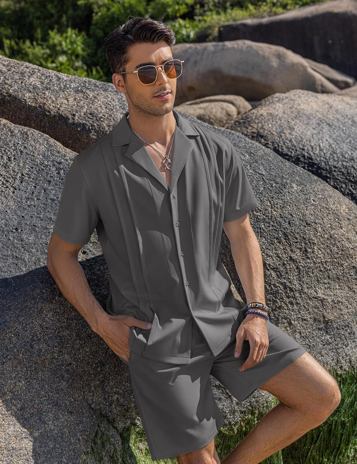 Mens 2 Piece Short Set Guayabera Button down Shirt Casual Summer Beach Outfits