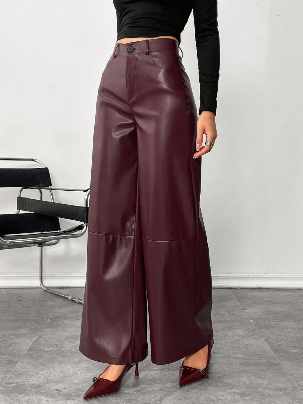 Siren Gaze Women'S Burgundy Red Leather Women Pants Plain Front-Button Minimalist Casual Pants, Daily Wear, Women Bottoms