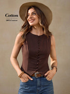 Wildy Casual Vacation French Retro Coffee Color Cotton Cardigan Cotton Brown Tops Office Outfits for Women Western Wear Women Brown Top Brown Tops Business Casual Woman Casual Tops Frenchy Tank Tops Western