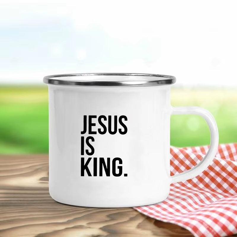 Jesus Is God Print Enamel Mugs Christian Creative Coffee Cups Drink Dessert Breakfast Milk Cup Vintage Mug Handle Drinkware Gift
