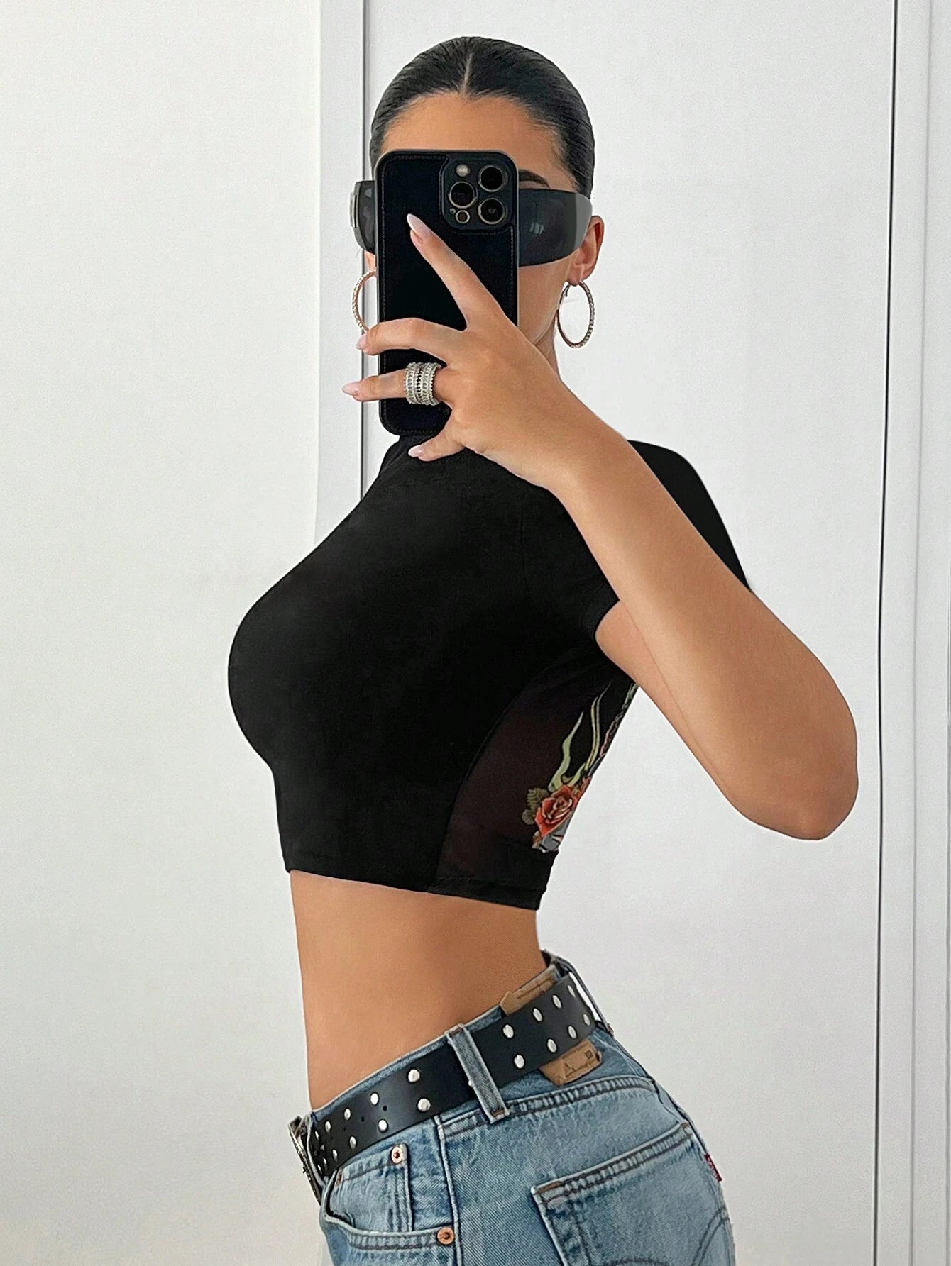 ICON Solid Color Short Sleeve Y2K Back to School Women Black T-Shirt with Chinese Dragon Print