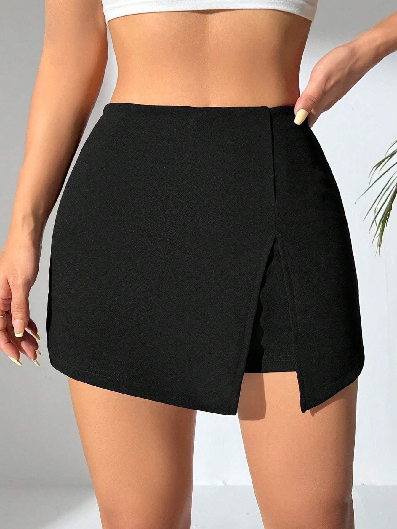 PETITE Elastic Waist Front Slit Mini Skirt Shorts