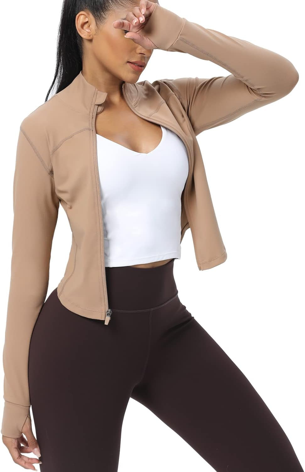 Women'S Cropped Running Workout Jackets Zip Slim Fit Athletic Tops with Thumb Holes