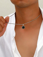 1Pc Simple Punk Black Painted Pendant Necklace with Stainless Steel Chain, Daily and Business Accessory for Men