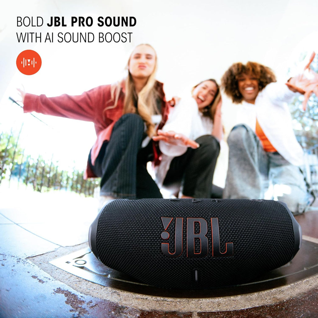 Charge 6 - Portable Waterproof & Drop-Proof Bluetooth Speaker, Bold Pro Sound with AI Sound Boost, 28Hrs of Playtime, Built-In Powerbank & Comes with a Sturdy/Removable Carrying Strap (Black)