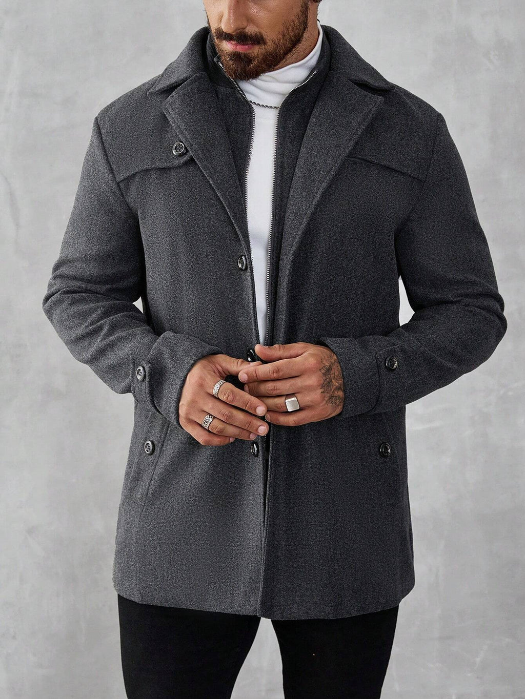 Manfinity Mode Men'S Solid Color Zip Front Casual Loose Autumn Going Out Casual Dark Grey Overcoat, for Friends, Husband, Boyfriend Gifts, Old Money Style