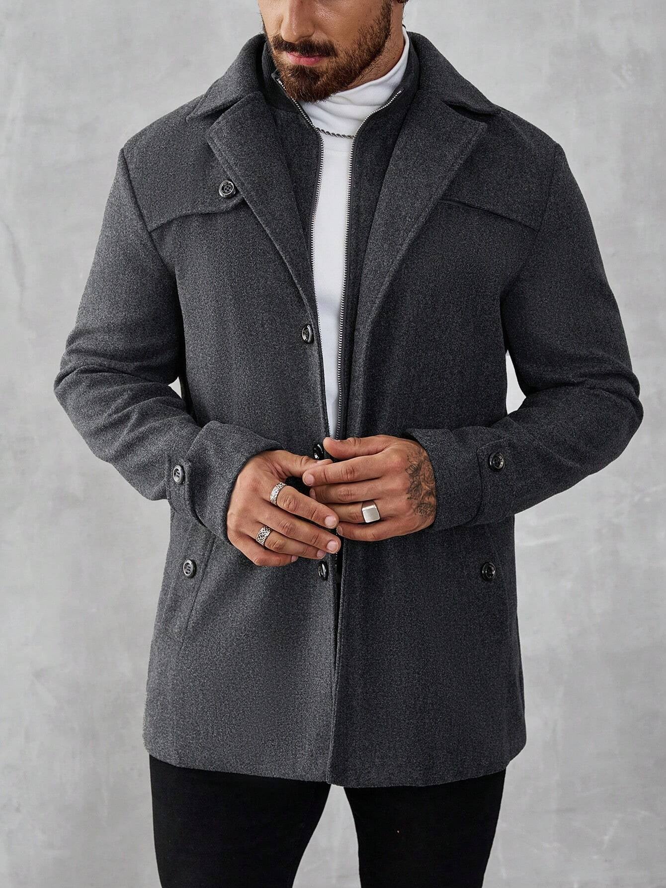 Manfinity Mode Men'S Solid Color Zip Front Casual Loose Autumn Going Out Casual Dark Grey Overcoat, for Friends, Husband, Boyfriend Gifts, Old Money Style
