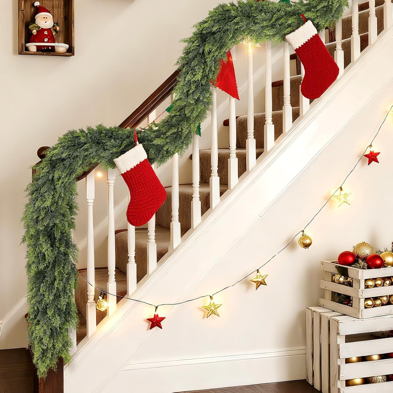 Christmas Cedar Garland - 5Ft Artificial Cedar Garland Faux Lush Green Fake Pine Needles for Fireplace,Table,Window,Stairs,Mante,Holiday Indoor Outdoor Xmas Decor(1Pcs)