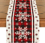 Buffalo Plaid Snowflakes Christmas Table Runner, Seasonal Winter Kitchen Dining Table Decoration for Home Party Decor 13X72 Inch