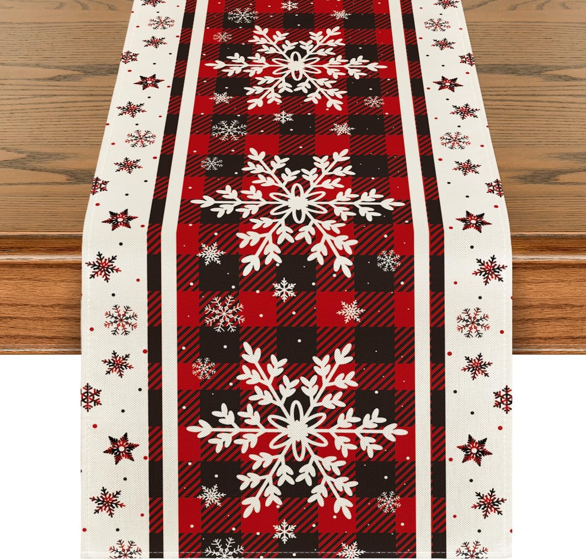 Buffalo Plaid Snowflakes Christmas Table Runner, Seasonal Winter Kitchen Dining Table Decoration for Home Party Decor 13X72 Inch