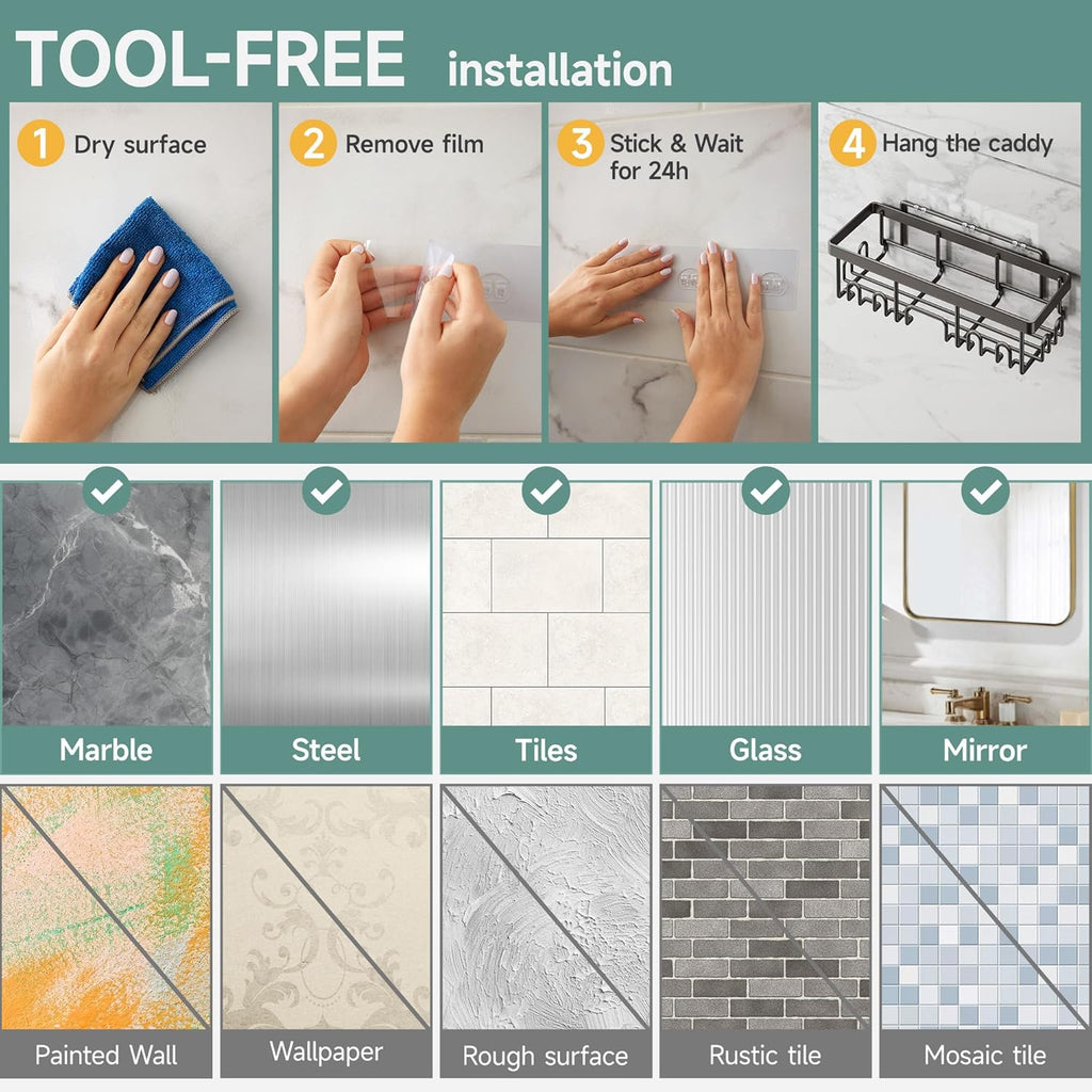 Rustproof Shower Caddy 6-Pack, No Drilling & Waterproof Adhesive Shower Shelves Rack with Soap Holder, Large Capacity Bathroom Organizers and Storage, Wall-Mounted Kitchen & Home Decor