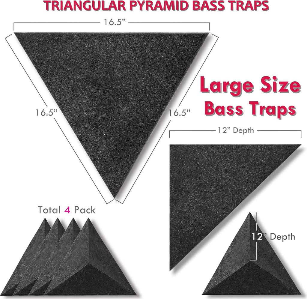 4 Pack Bass Traps for Ceiling Corner 16.5" Triangle 12" Depth Triangular Pyramid Acoustic Foam Bass Trap Sound Proofing for Home Studio Booth Low to High Frequency Sound Absorption Foam