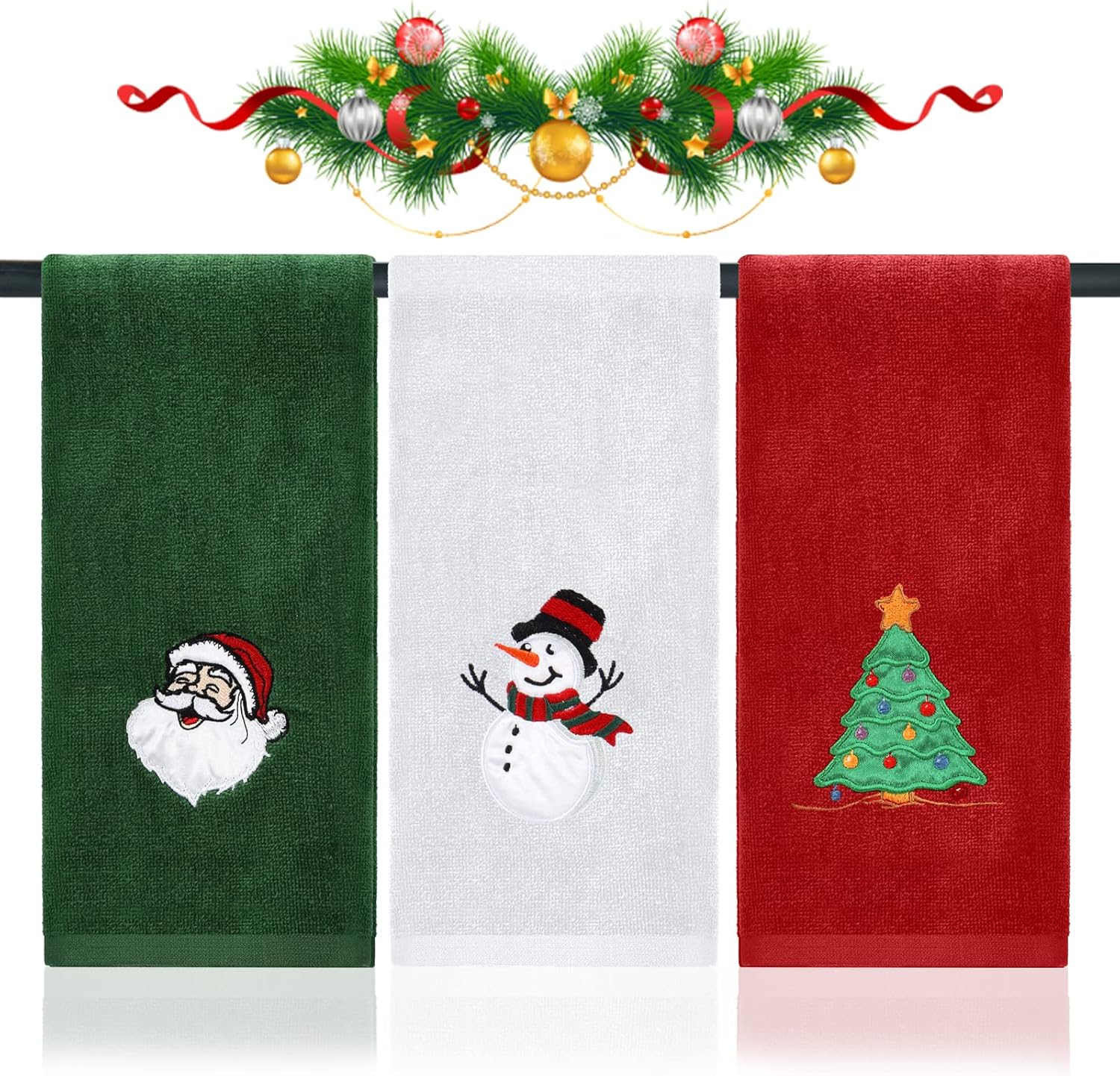 Large Christmas Hand Towels 3 Pieces, 100% Cotton Christmas Kitchen Towels 16" X 25" Christmas Towel for Bathroom Christmas Decoration - Red, White, Green