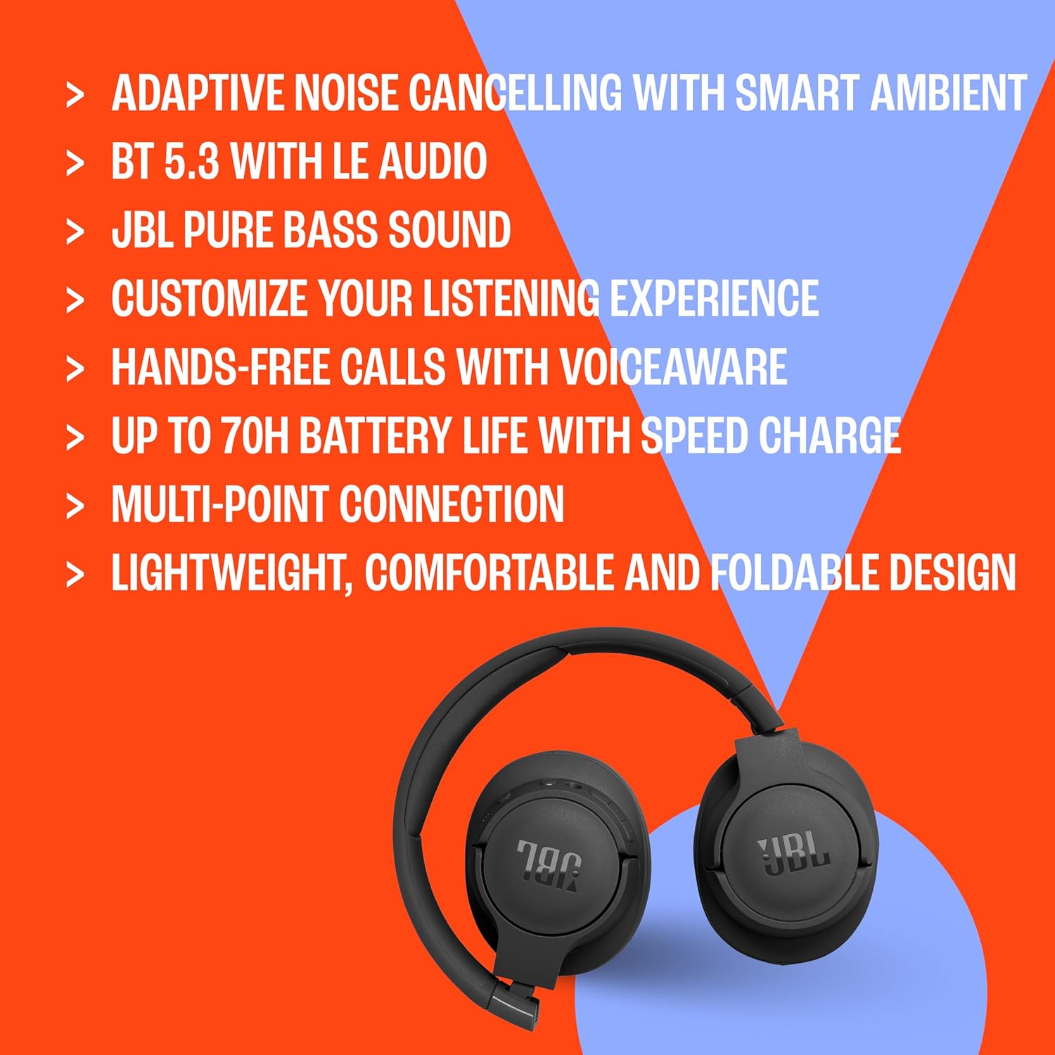 Tune 770NC - Adaptive Noise Cancelling with Smart Ambient Wireless Over-Ear Headphones, Bluetooth 5.3, up to 70H Battery Life with Speed Charge, Lightweight, Comfortable & Foldable Design (Black)