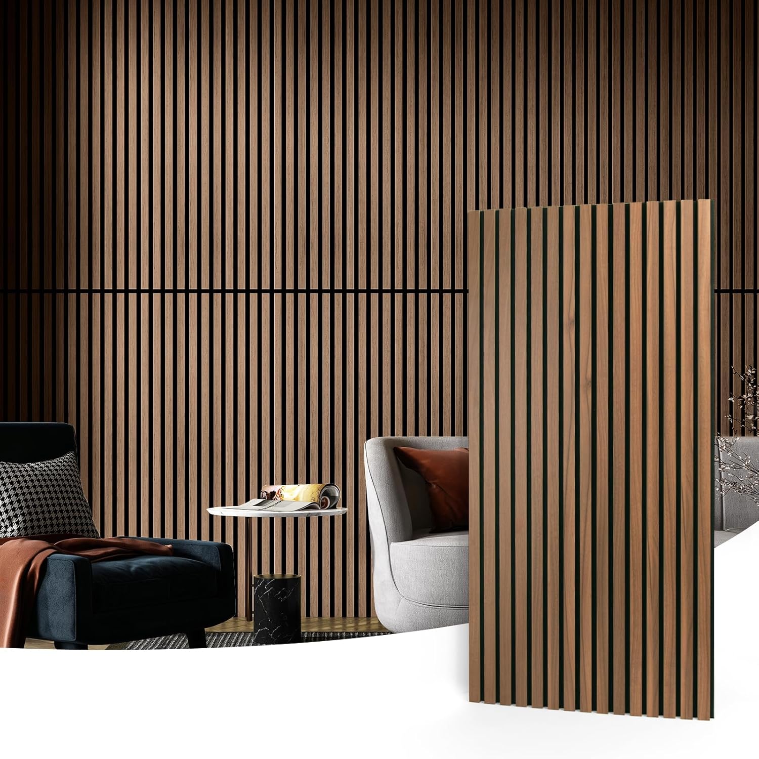 2 Wood Slat Acoustic Panels for Wall and Ceiling - 3D Fluted Sound Absorbing Panel with Wood Finish - Walnut