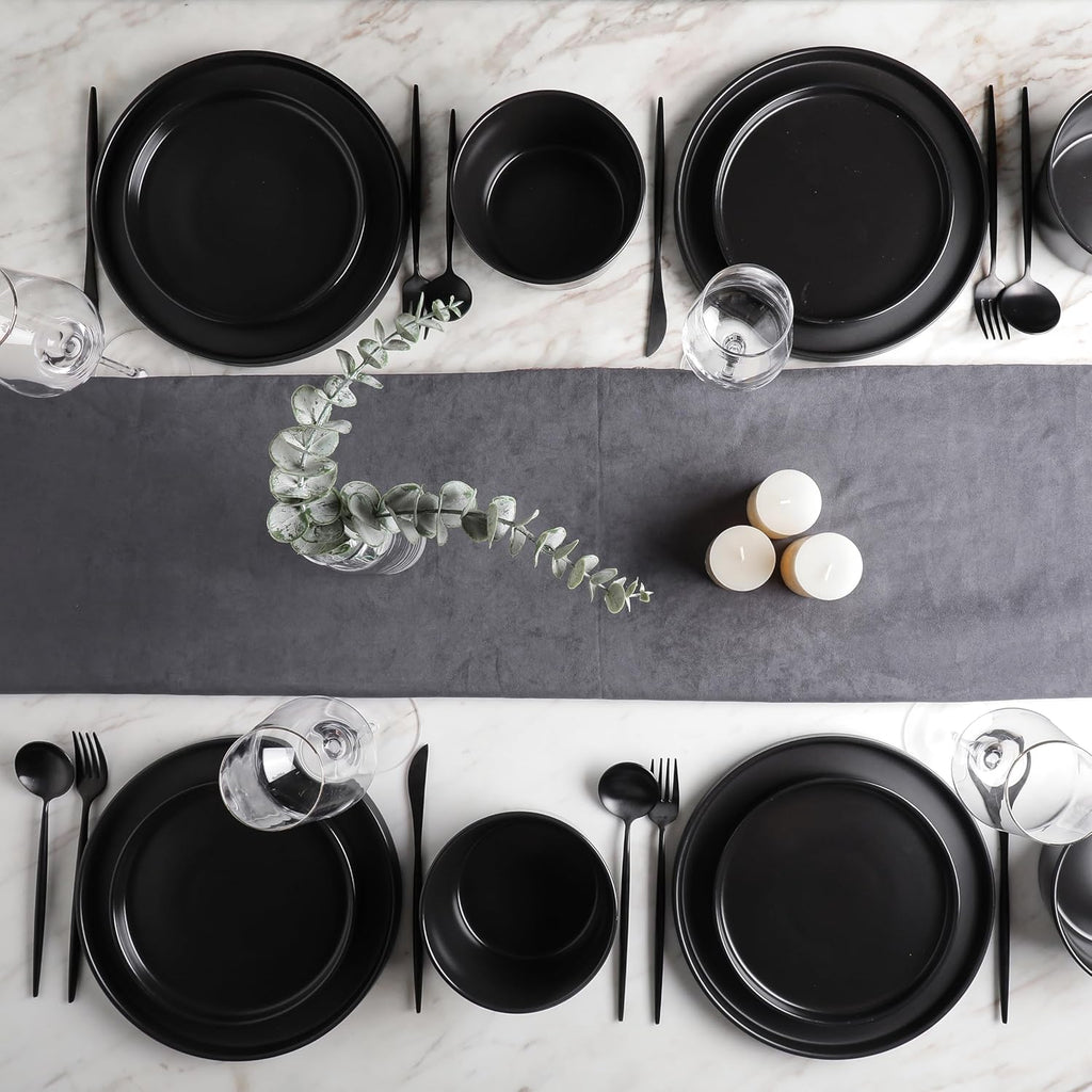 Celina Stoneware 16 Piece Dinnerware Set, Plates and Bowls, Black Matte Dish, Service for 4 – Minimalist round Style, Microwave & Dishwasher Safe