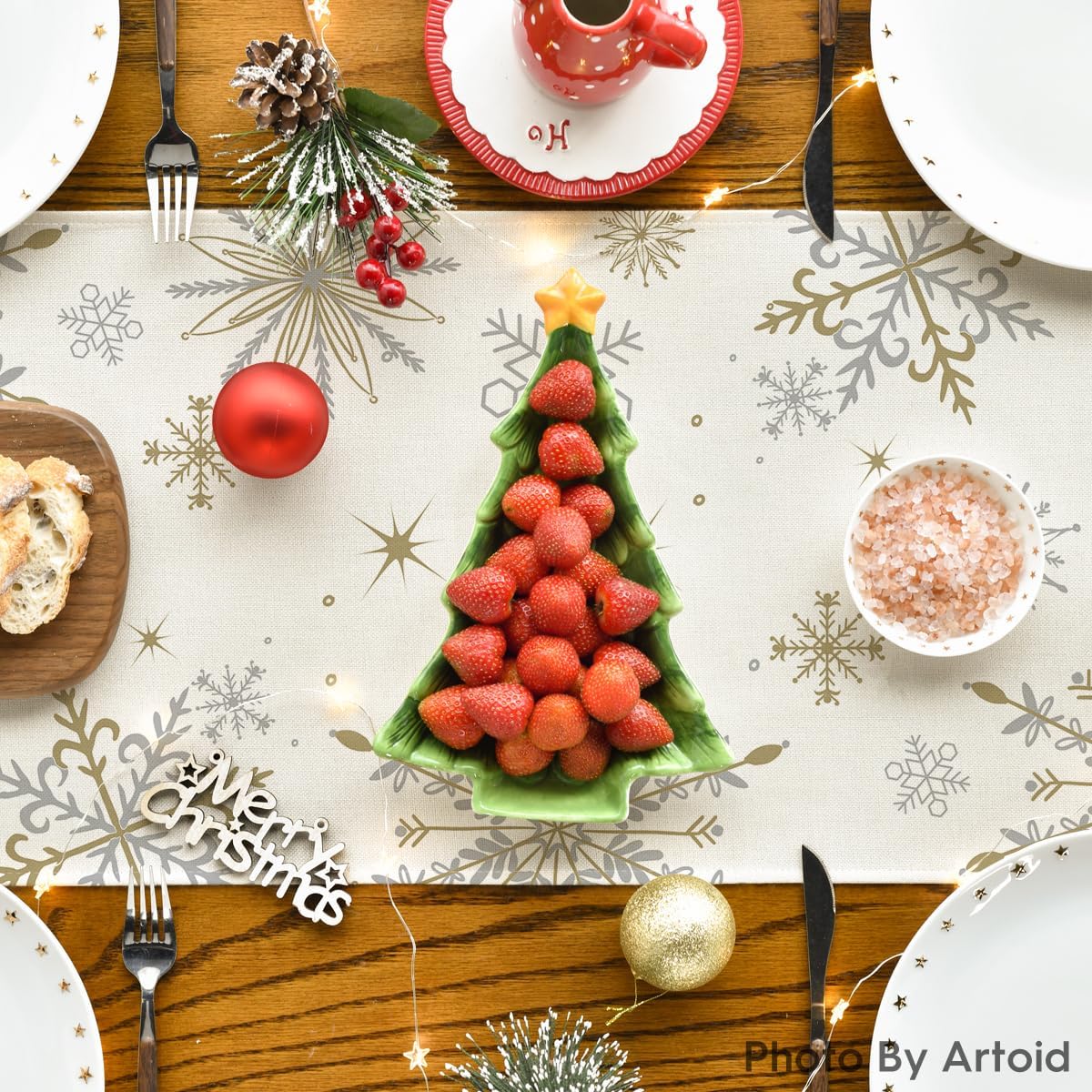 Beige Snowflake Let It Snow Winter Table Runner, Seasonal Christmas Kitchen Dining Table Decoration for Home Party Decor 13X72 Inch