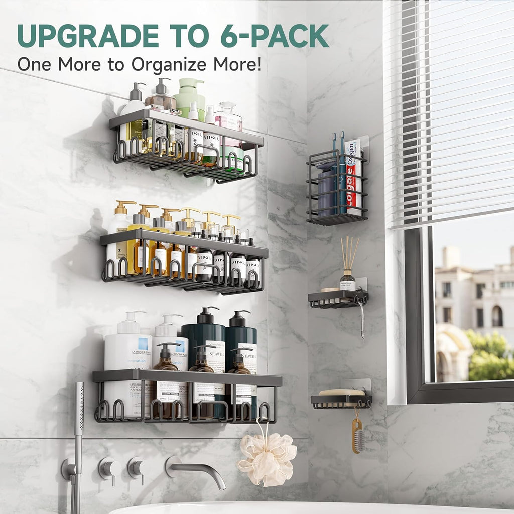 Rustproof Shower Caddy 6-Pack, No Drilling & Waterproof Adhesive Shower Shelves Rack with Soap Holder, Large Capacity Bathroom Organizers and Storage, Wall-Mounted Kitchen & Home Decor