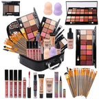 All in One Makeup Kit - 2X14 Eyeshadow Palette, Liquid Foundation, Eyeliner Pencils, Contouring Stick, Lip Gloss, 20Pcs Makeup Brushes (Black)