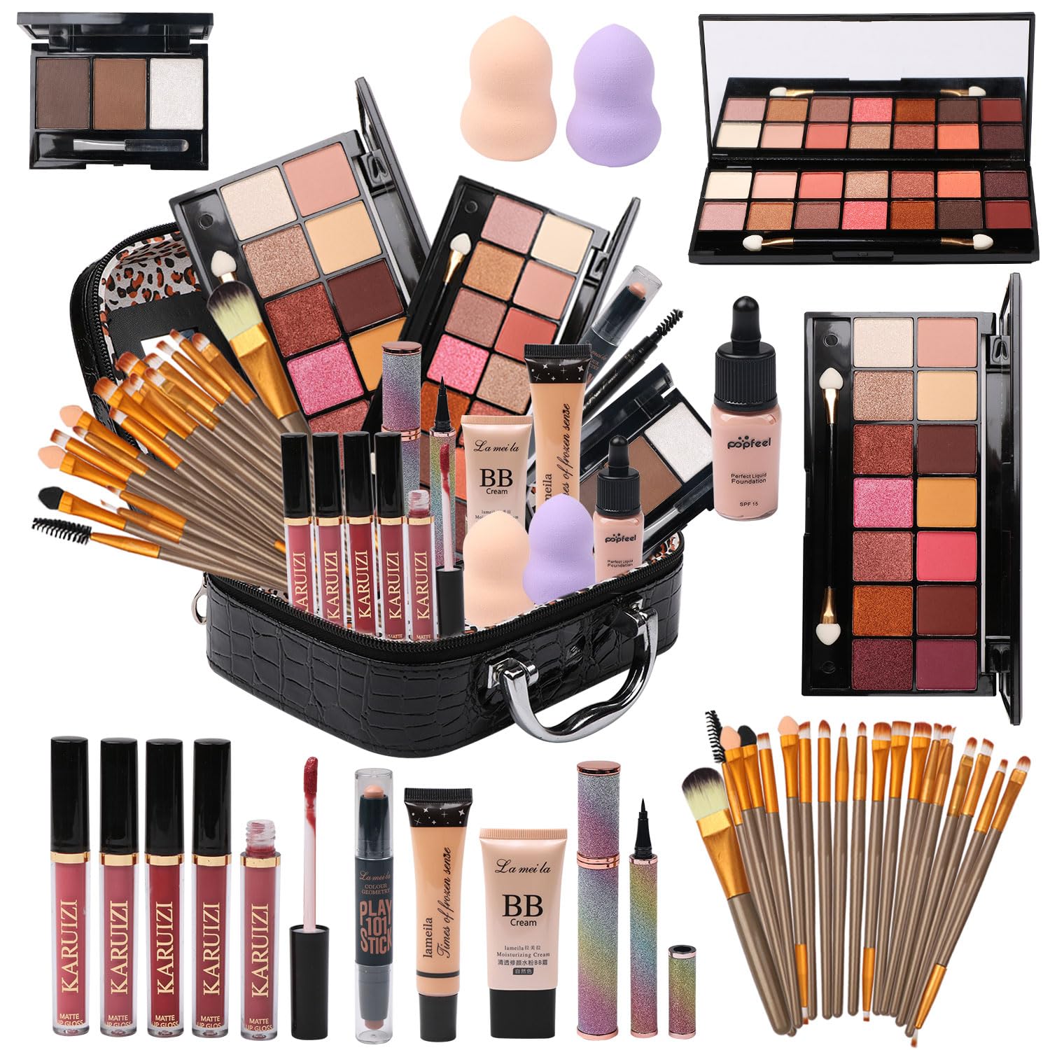 All in One Makeup Kit - 2X14 Eyeshadow Palette, Liquid Foundation, Eyeliner Pencils, Contouring Stick, Lip Gloss, 20Pcs Makeup Brushes (Black)
