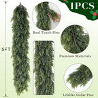 Christmas Cedar Garland - 5Ft Artificial Cedar Garland Faux Lush Green Fake Pine Needles for Fireplace,Table,Window,Stairs,Mante,Holiday Indoor Outdoor Xmas Decor(1Pcs)