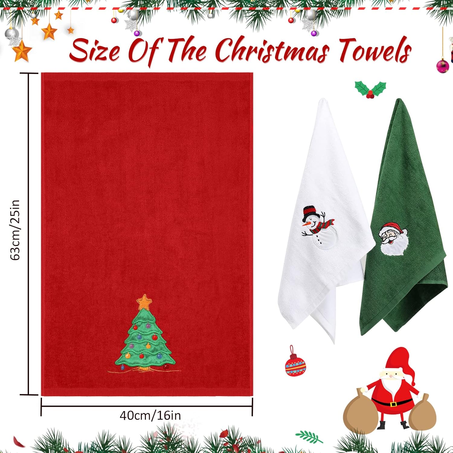 Large Christmas Hand Towels 3 Pieces, 100% Cotton Christmas Kitchen Towels 16" X 25" Christmas Towel for Bathroom Christmas Decoration - Red, White, Green