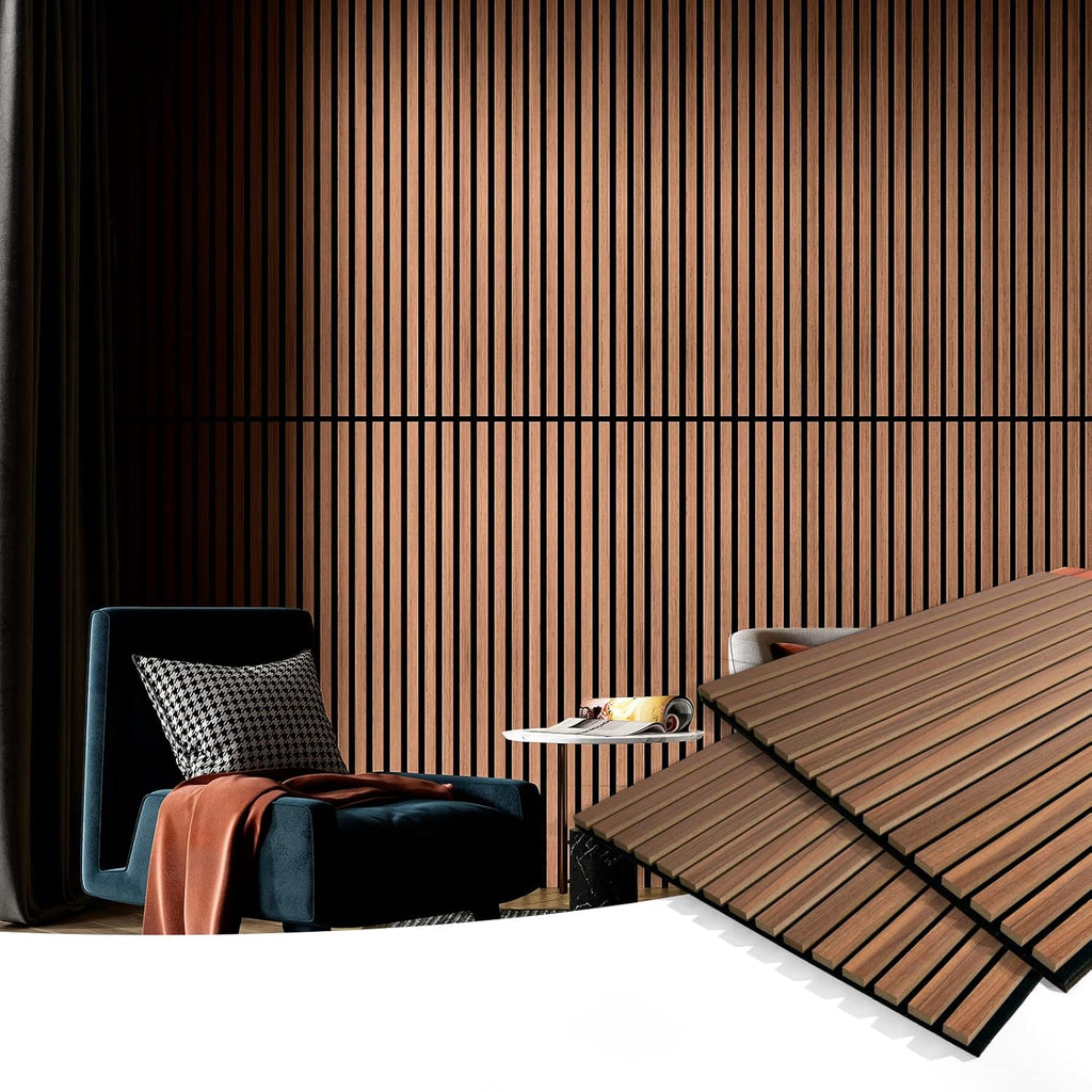 2 Wood Slat Acoustic Panels for Wall and Ceiling - 3D Fluted Sound Absorbing Panel with Wood Finish - Walnut