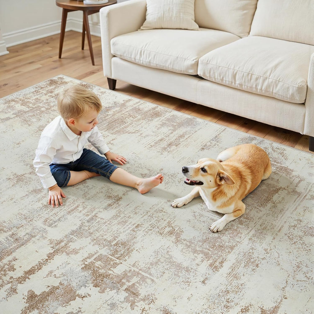 Area Rug Living Room Rugs: 5X7 Indoor Soft Fluffy Rug Abstract Carpet for Bedroom Kitchen Dining Room Floor Washable Plush Throw Large Accent Rug Home Office Nursery Decor - Beige