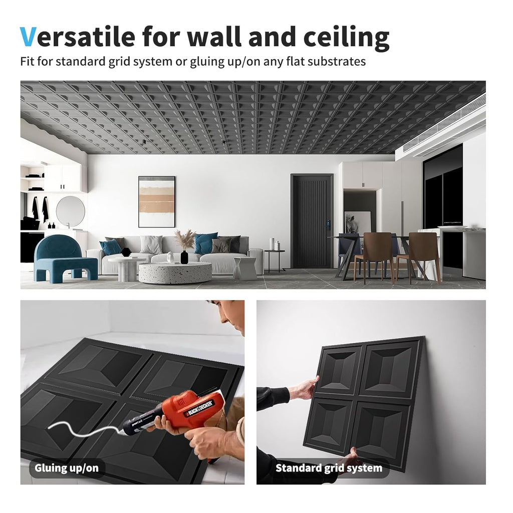 Drop Ceiling Tiles 24X24, 12 Sheets PVC Decorative Glue up Ceilng Panels 2X2, Black
