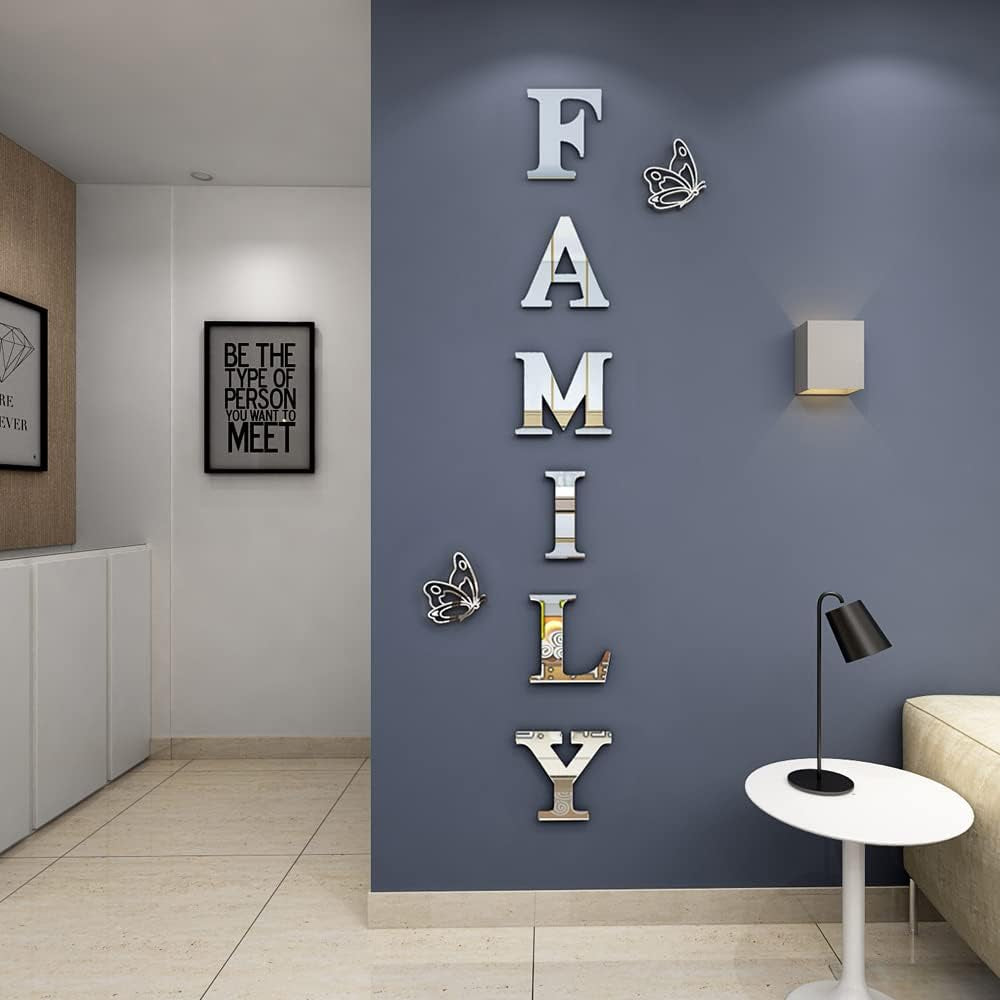 Family Wall Decor Letter Signs Acrylic Mirror Wall Stickers Decorations for Living Room Bedroom Home Decor Wall Decals (Silver, 61 X 23)