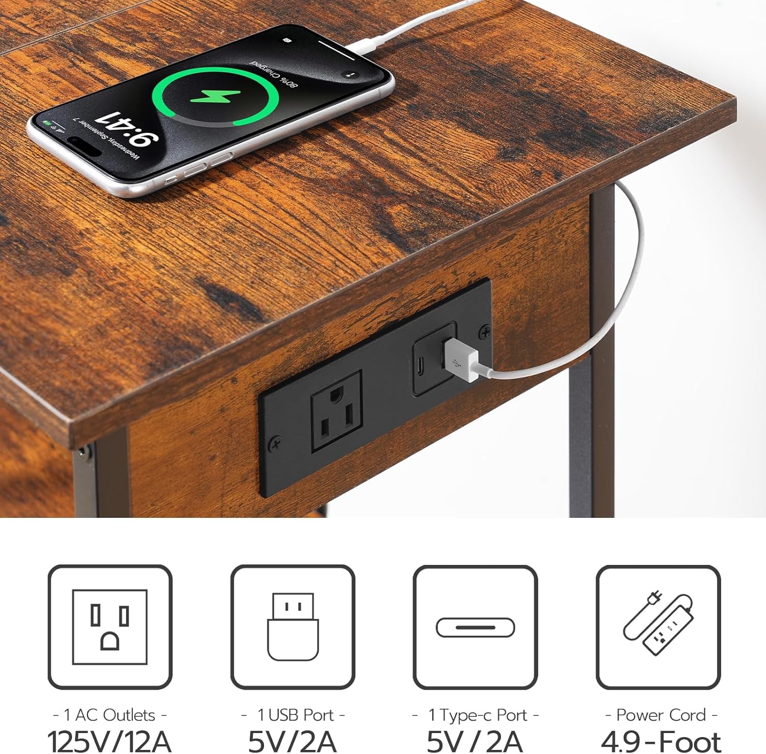 Record Player Stand with Charging Station and LED, Turntable Stand with Storage, 3 Tier End Table Hold up to 100 Albums, Record Table for Vinyl, Living Room, Rustic Brown and Black BF06UDRS01