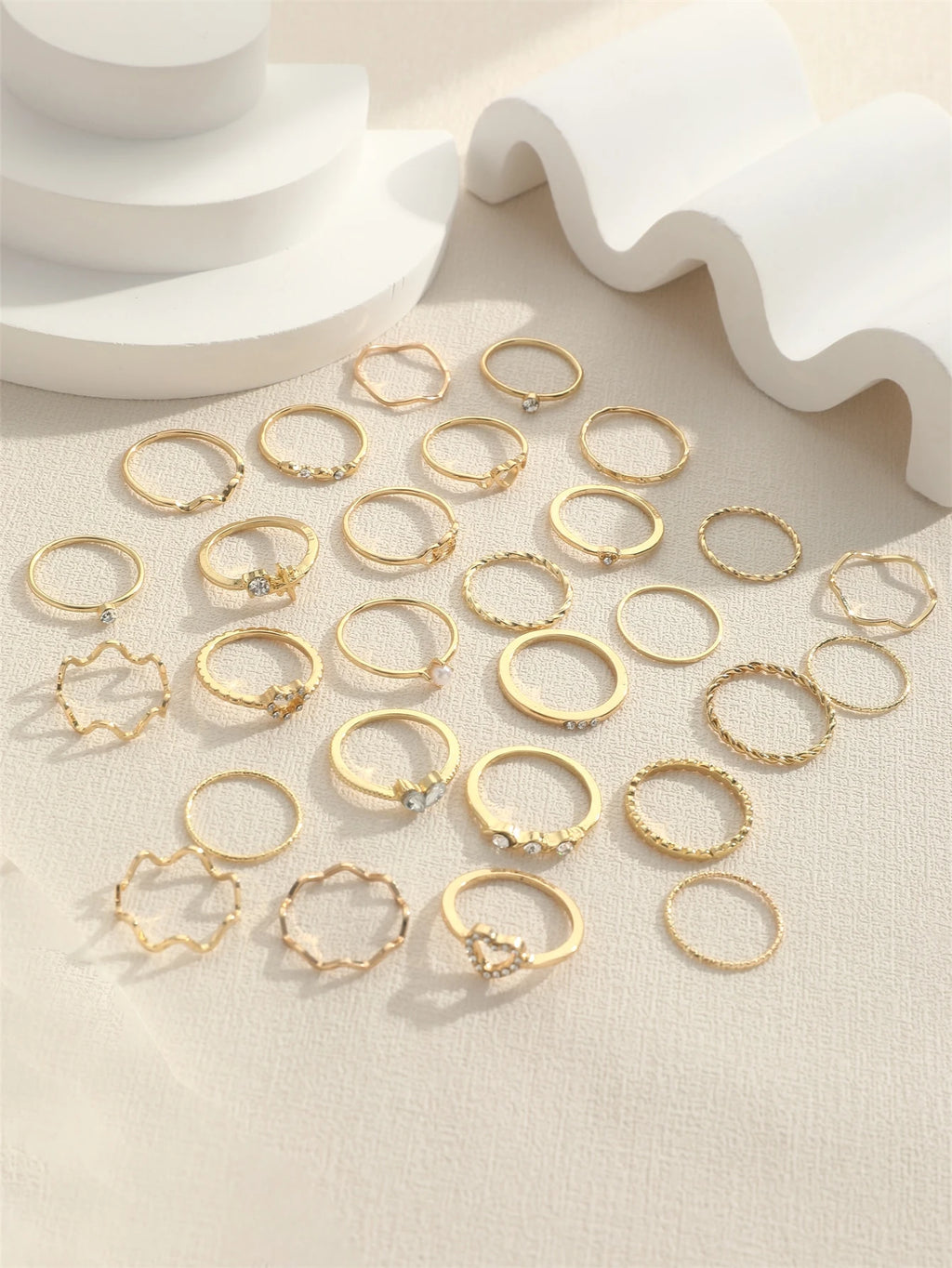 28Pcs/Set Fashionable Ring Set with Heart Shaped Design, Geometric Style and Bohemian Element Accent