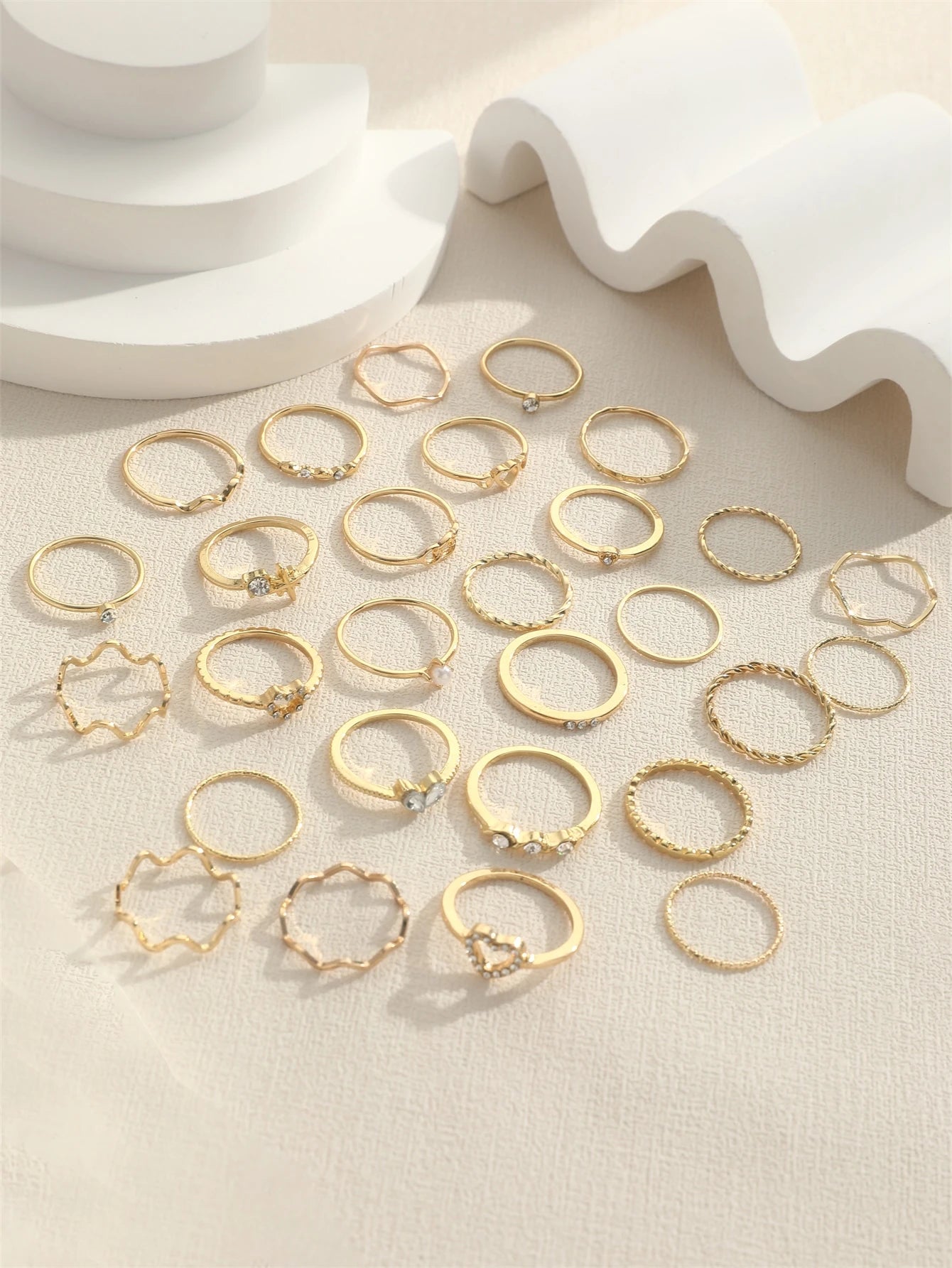 28Pcs/Set Fashionable Ring Set with Heart Shaped Design, Geometric Style and Bohemian Element Accent
