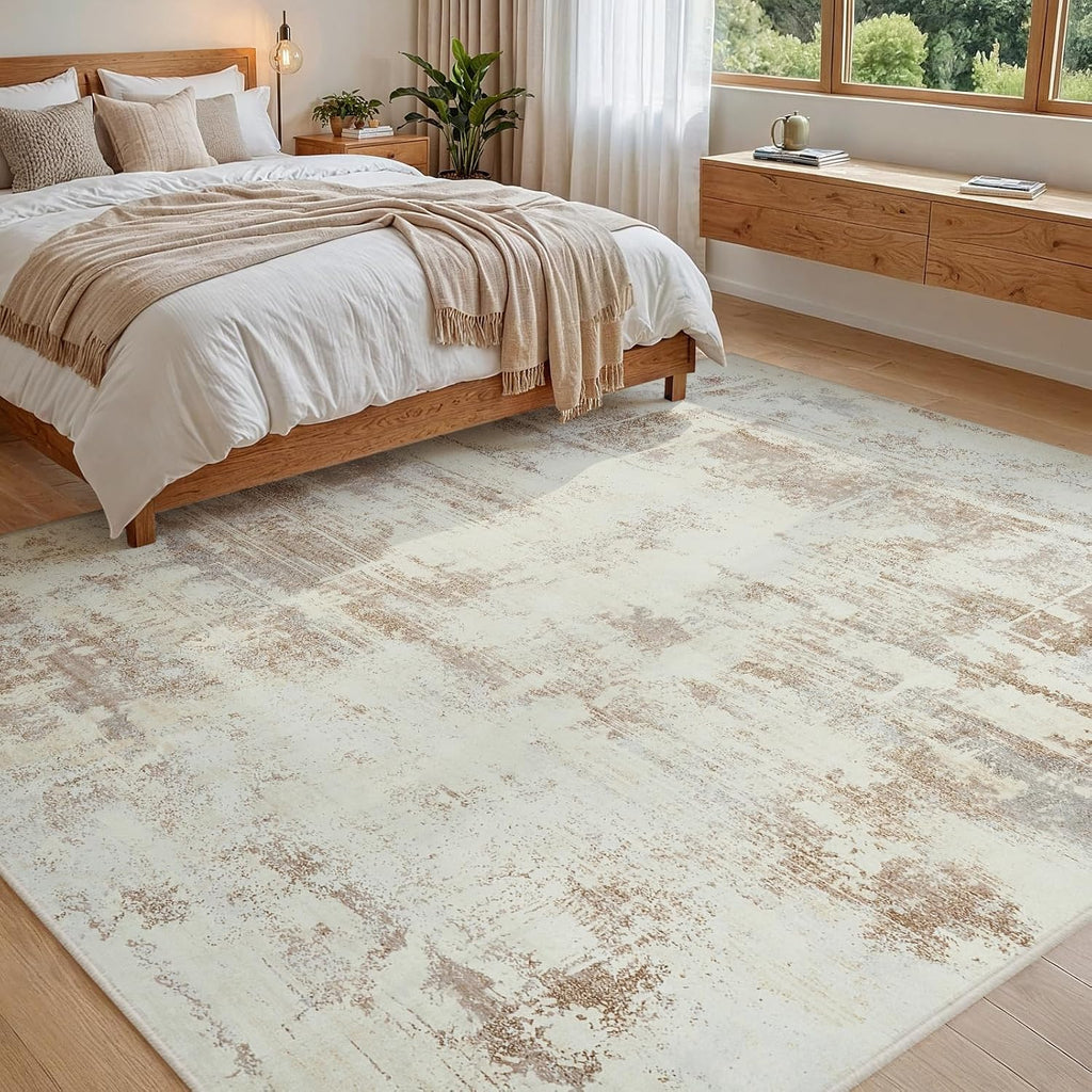 Area Rug Living Room Rugs: 5X7 Indoor Soft Fluffy Rug Abstract Carpet for Bedroom Kitchen Dining Room Floor Washable Plush Throw Large Accent Rug Home Office Nursery Decor - Beige