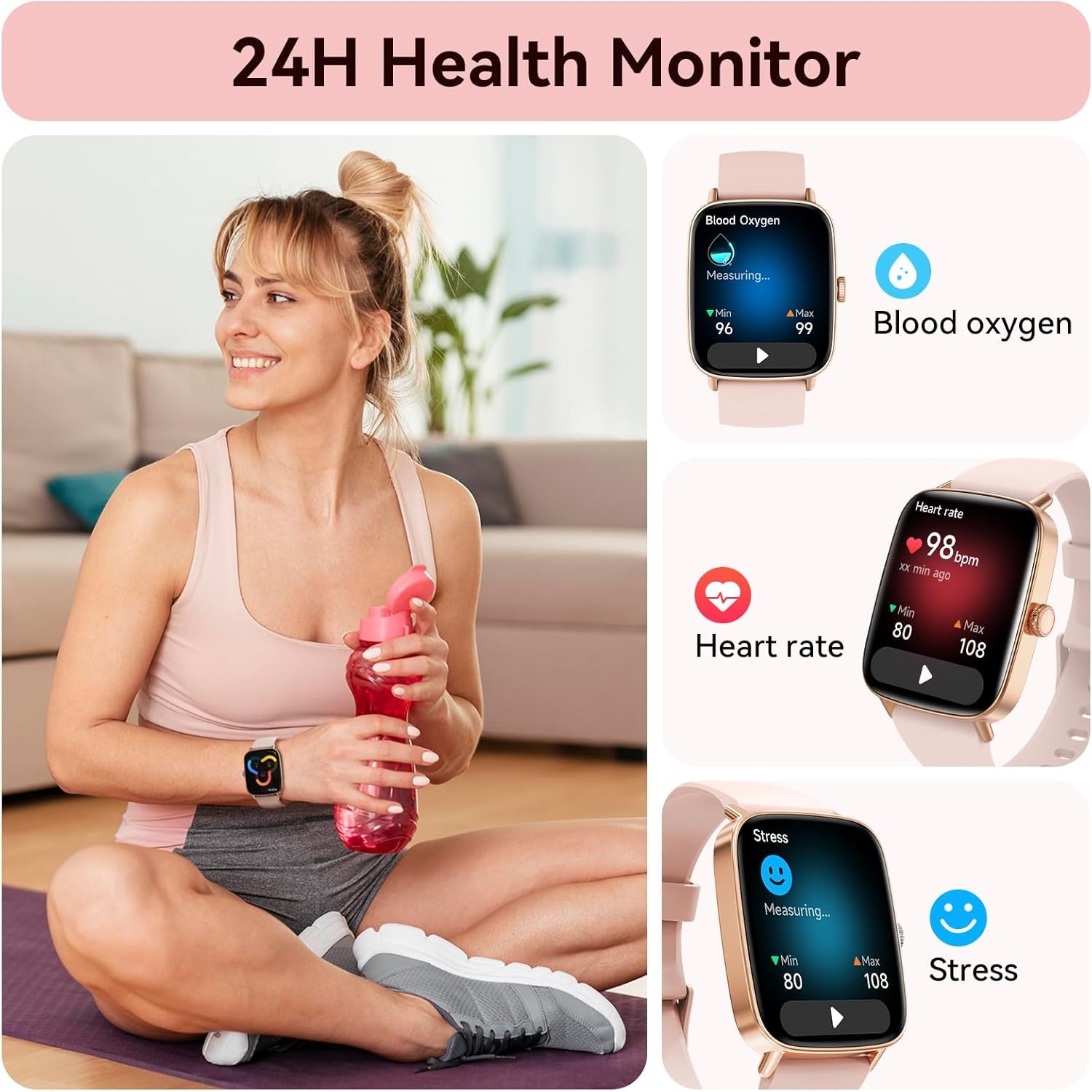 Smart Watch for Women, 1.85" HD Dynamic Dial Smartwatch for Android & Iphone with Answer/Make Call, Fitness Tracker with 110+ Sport Modes, Heart Rate/Spo2/Sleep Monitor, IP68 Waterproof (2 Bands)