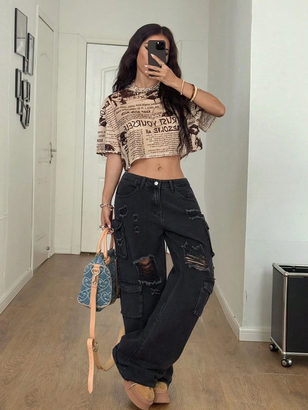 Coolane Women'S round Neck Cropped Newspaper Print Mesh Short Sleeve T-Shirt