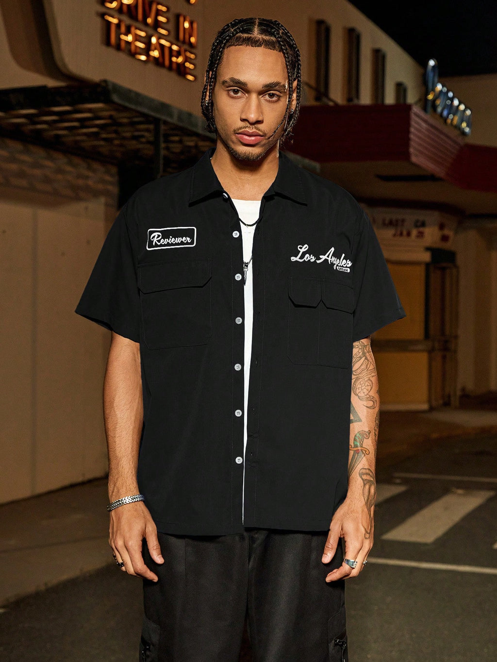 PAVTROS Manfinity Streetrush Manfinity Streetrush Men'S Loose Fit Utility Pocket Design Casual Shirt, Blue Button-Up Short Sleeve Shirt, Multi Pocket Casual Shirt, Graphic Los Angeles Reviewer Mechanic Shirt