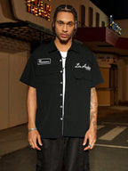 PAVTROS Manfinity Streetrush Manfinity Streetrush Men'S Loose Fit Utility Pocket Design Casual Shirt, Blue Button-Up Short Sleeve Shirt, Multi Pocket Casual Shirt, Graphic Los Angeles Reviewer Mechanic Shirt