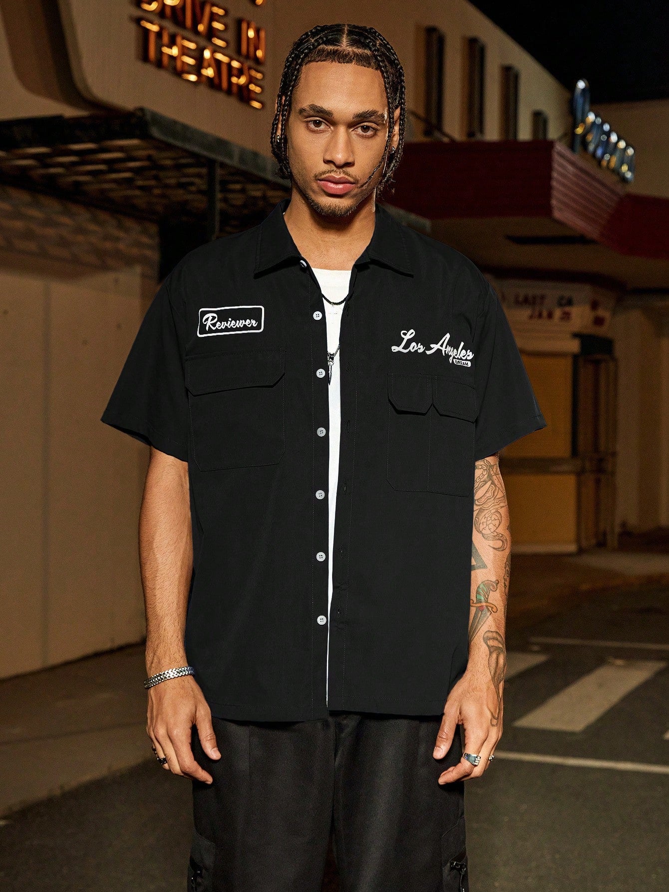 PAVTROS Manfinity Streetrush Manfinity Streetrush Men'S Loose Fit Utility Pocket Design Casual Shirt, Blue Button-Up Short Sleeve Shirt, Multi Pocket Casual Shirt, Graphic Los Angeles Reviewer Mechanic Shirt