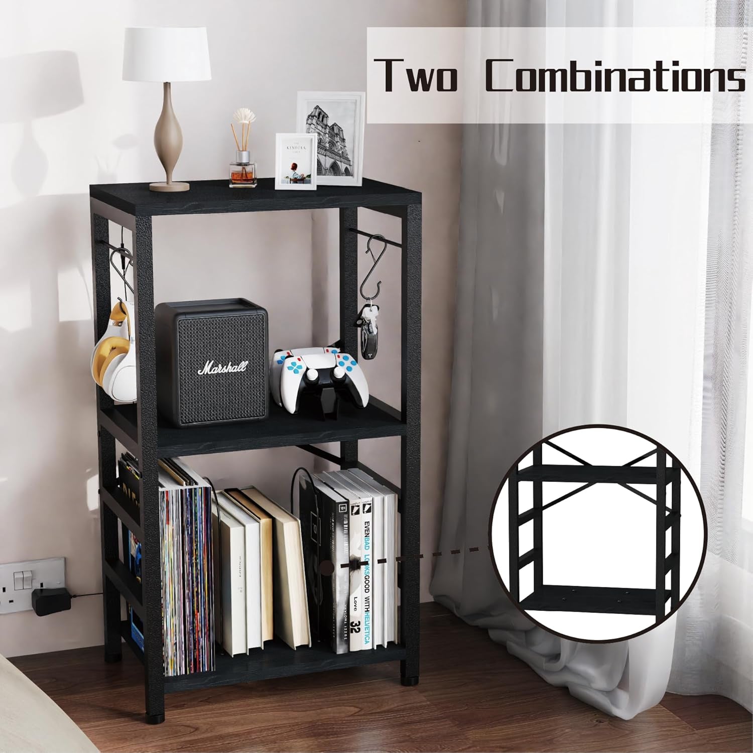 End Table with LED Light,Record Player Stand with Albums Storage,Vinyl Records Storage,Turntable Stand Side Table for Music Room Studio Living Room Bedroom-Modern Black
