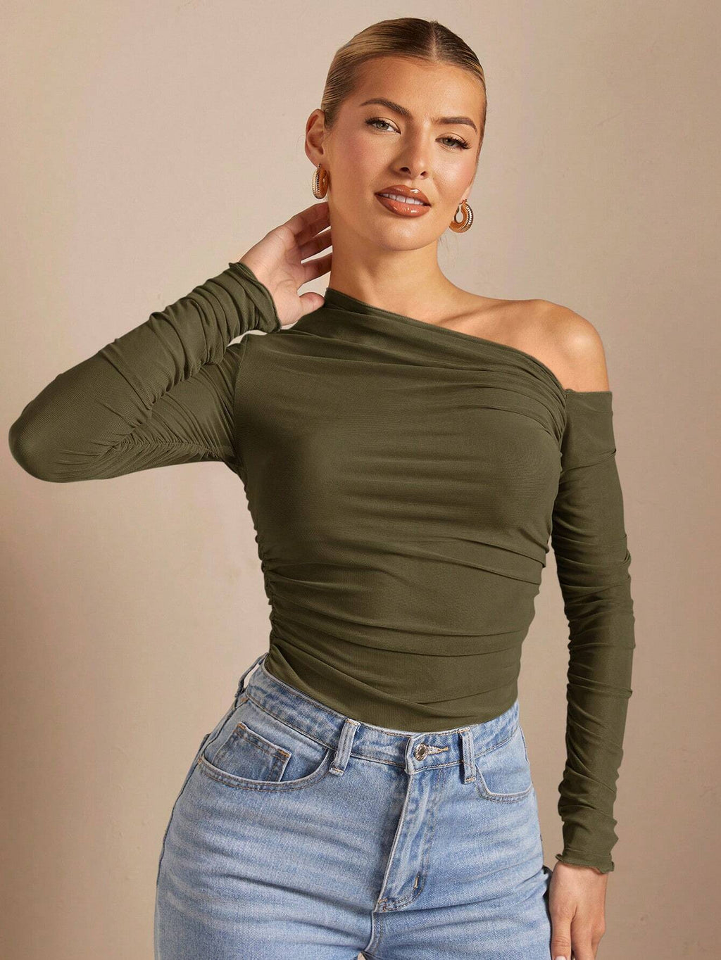 BAE 1Pc Women Solid Asymmetric Draped Sheer Fitted Long Sleeve Top