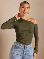 BAE 1Pc Women Solid Asymmetric Draped Sheer Fitted Long Sleeve Top