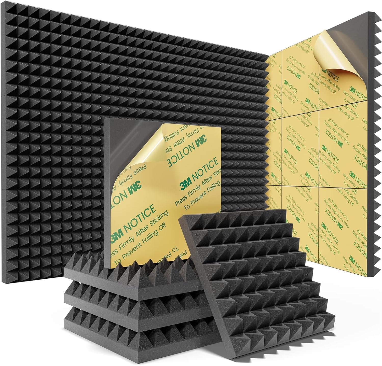 12 Pack Pyramid Sound Proof Foam Panels with Self-Adhesive, 12" X 12" X 2" Acoustic Foam Panels of High Density, Soundproof Wall Panels Fast Expand, Sound Absorption and Decoration (Black)