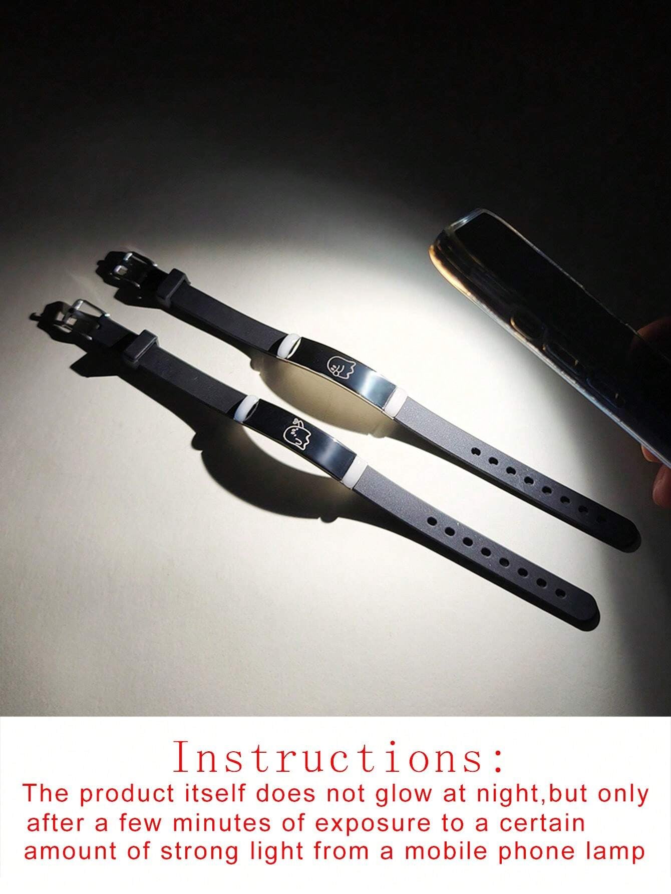 ATLVXJL 2Pcs/Set Couple Matching Bracelets Blow Kisses to Show Love Know You Love You Patternblack Silvery Stainless Steel Jewelry Set Charm Silicone Bracelet Luminous Glow in the Dark for Women Valentine'S Day Gift or Loved Ones Holiday Couple Gifts