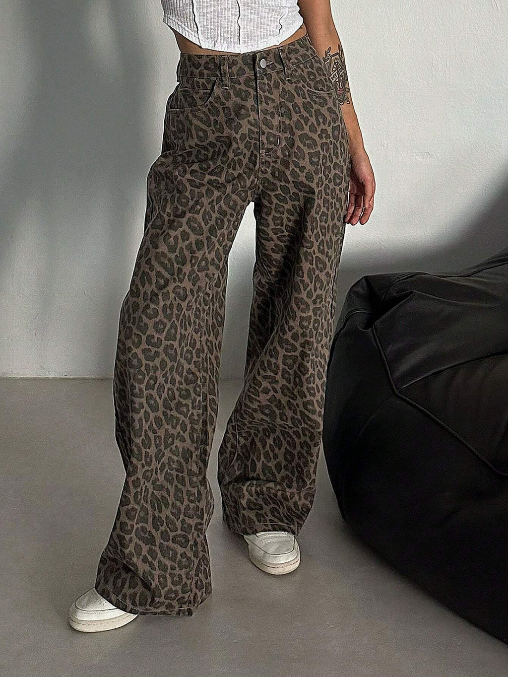 DAZY Women'S Leopard Print Loose Pocket Casual Versatile Denim Jeans Y2K