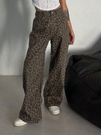 DAZY Women'S Leopard Print Loose Pocket Casual Versatile Denim Jeans Y2K